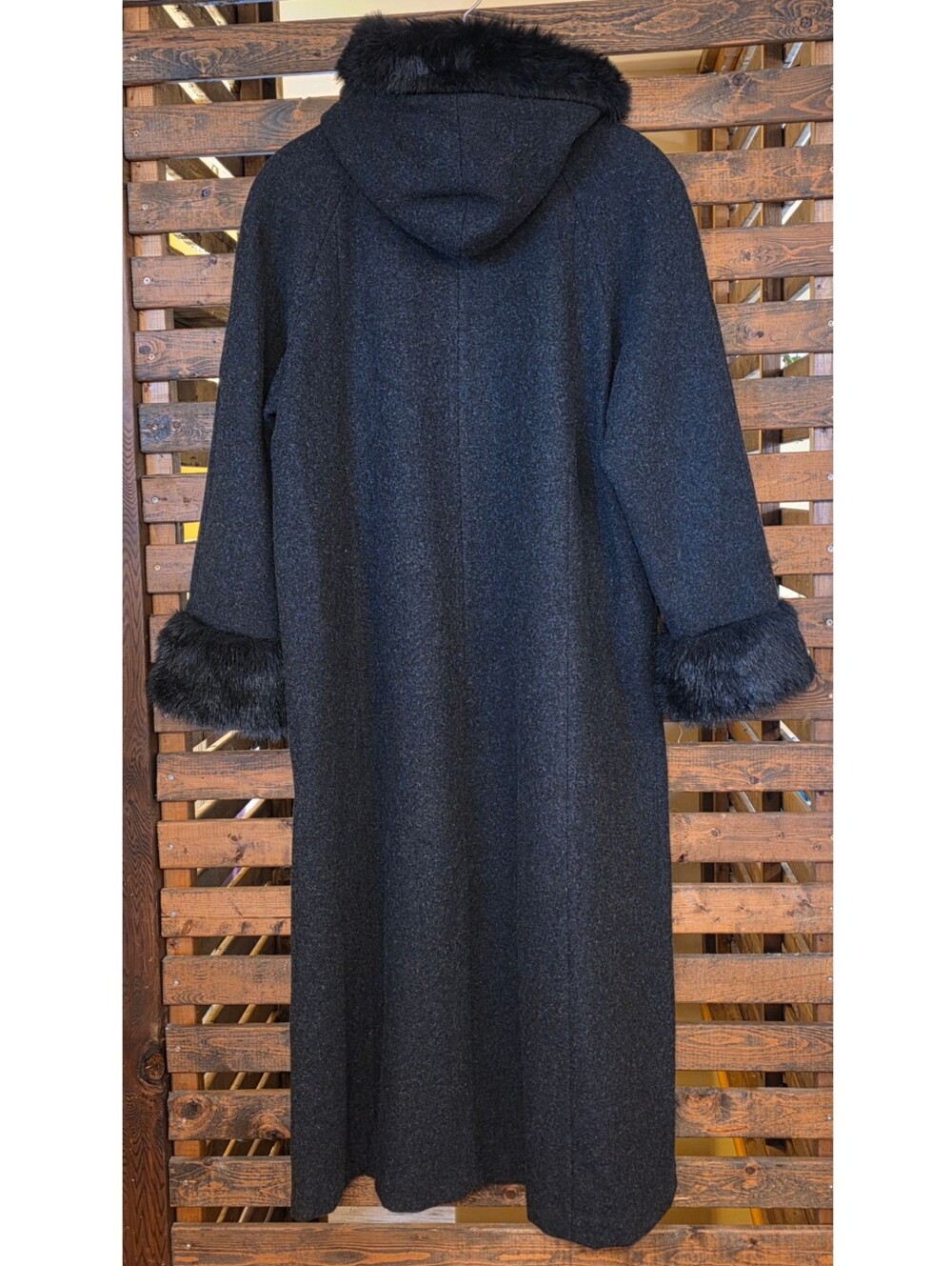 Vintage JP 1893 Charcoal Gray Wool Hooded Long Coat with Black Faux Fur Trim - Picture 2 of 13